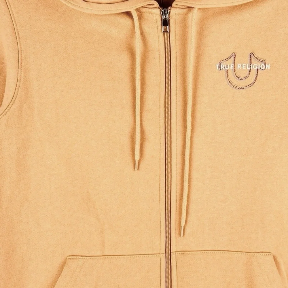 True Religion Mens Logo Back Fleece Zip Hoodie Sweatshirt Sz Medium Oak Buff NWT